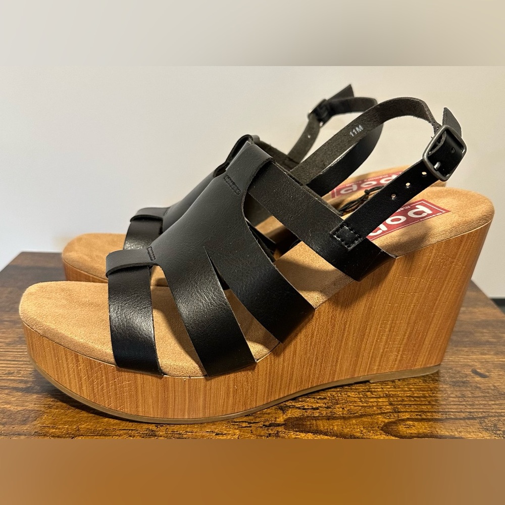 Pop Womens Black Monarch Wedge Sandals NWT Various Sizes